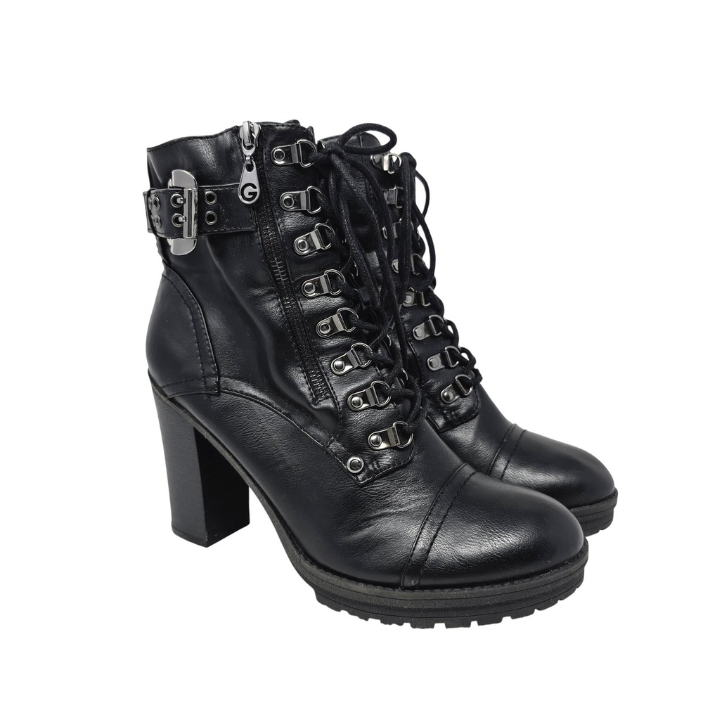 G By Guess Gimmy Black Combat Boots Faux Leather Womens 10 M Chunky Heel READ